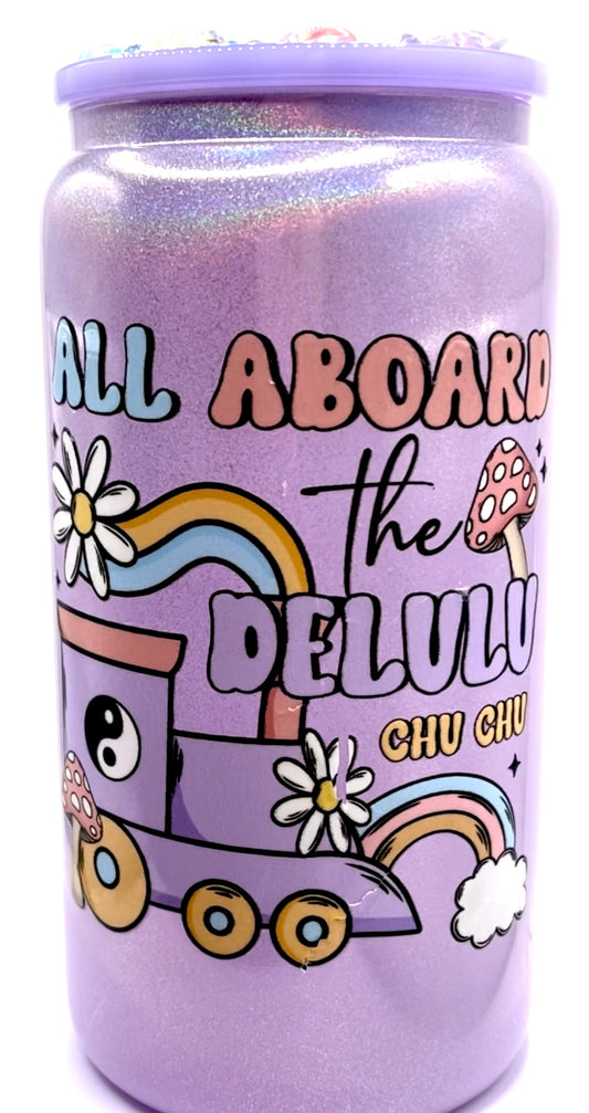 16 oz Purple Iridescent “All Aboard the Delulu Chu Chu” Cup with Custom Top