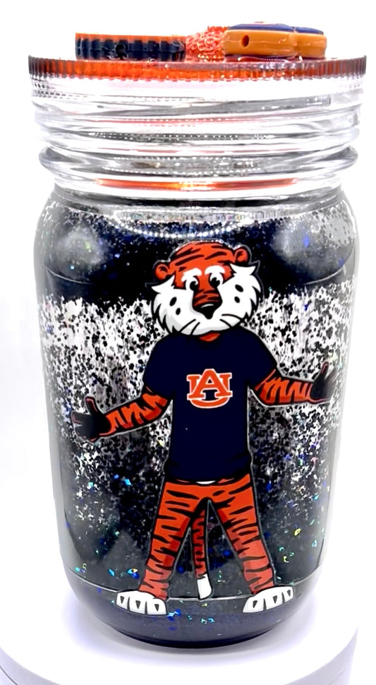 20 oz Auburn University Plastic Mason Jar Snow Globe Tumbler with Handle and Custom Top